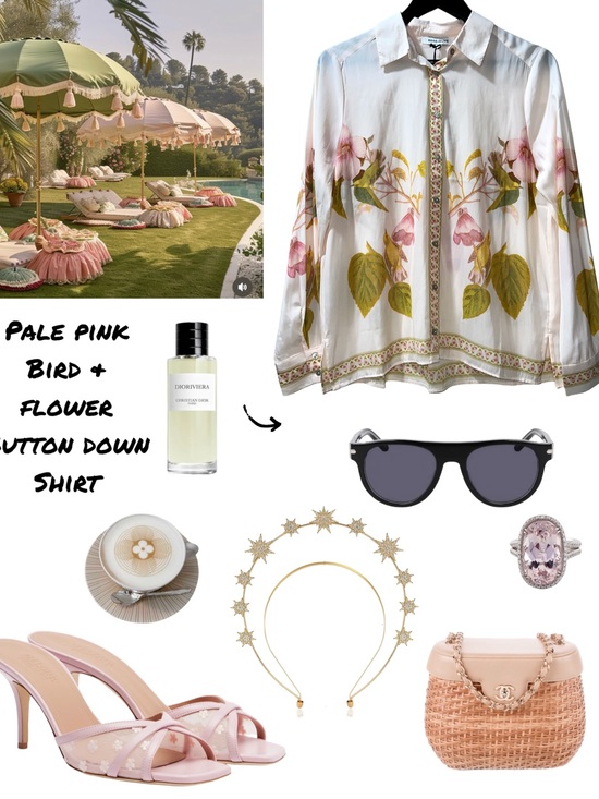 Tops - Pale Pink and Green Floral Bird & Flower Button-Down Shirt
